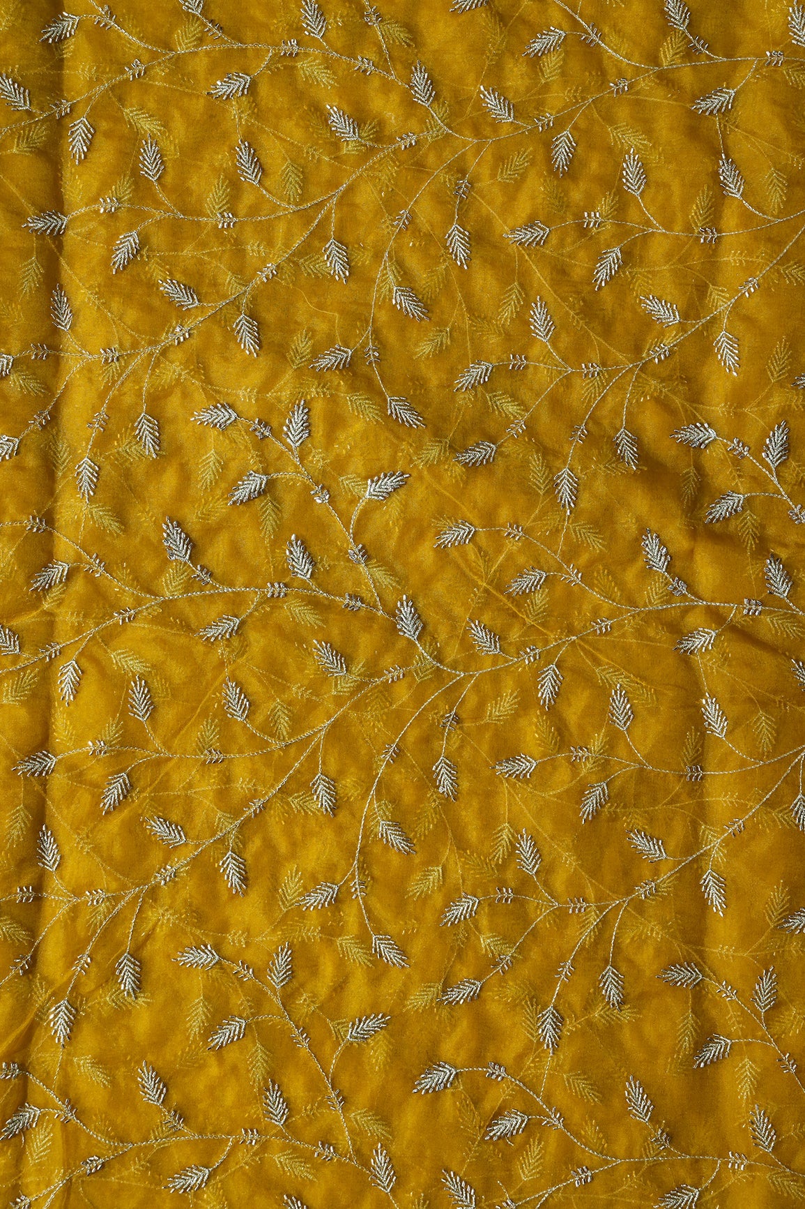 AIzaSyBcstauz-XMPRhEY21AUzeo032pxrXB5Ug - Gold Zari With Beads Leafy Embroidery Work On Yellow Organza Fabric