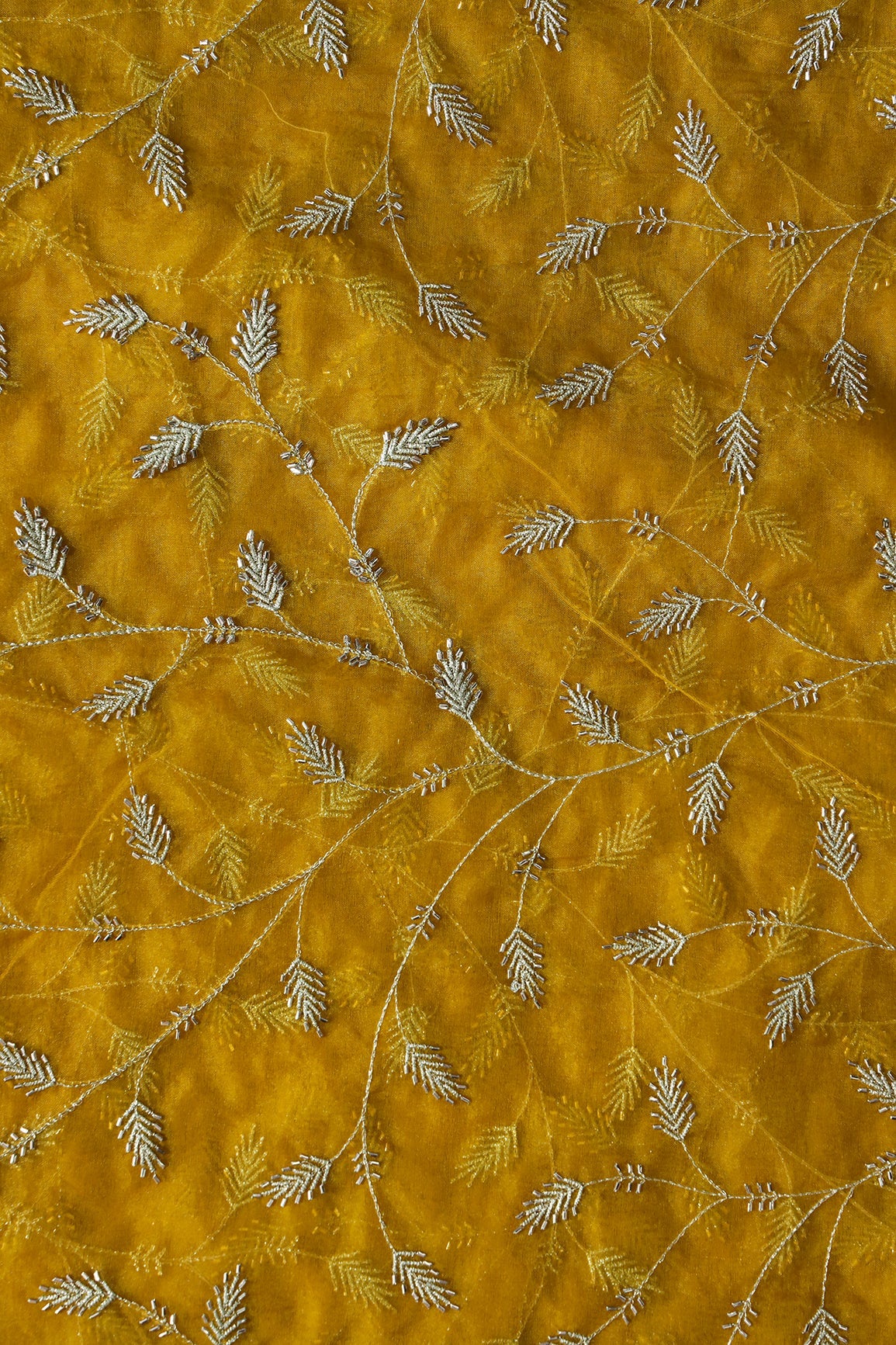 AIzaSyBcstauz-XMPRhEY21AUzeo032pxrXB5Ug - Gold Zari With Beads Leafy Embroidery Work On Yellow Organza Fabric