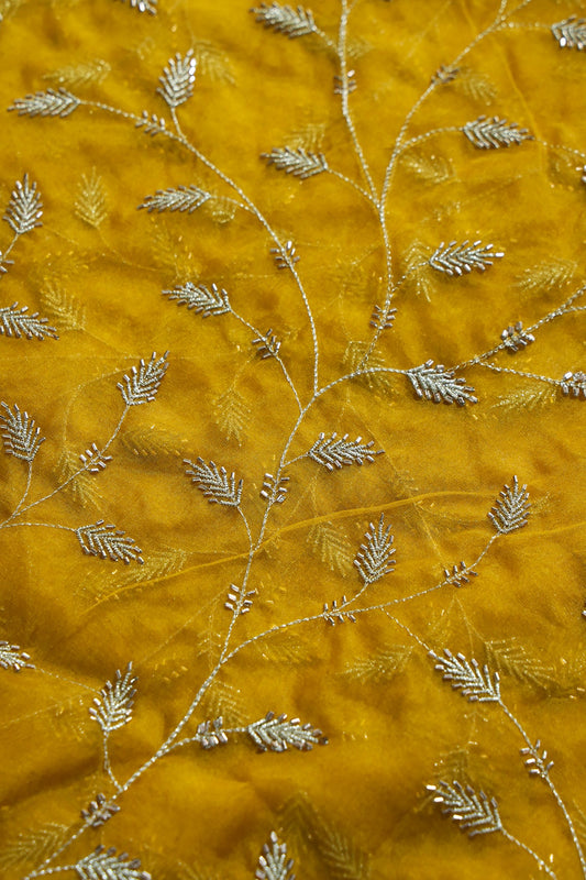 AIzaSyBcstauz-XMPRhEY21AUzeo032pxrXB5Ug - Gold Zari With Beads Leafy Embroidery Work On Yellow Organza Fabric
