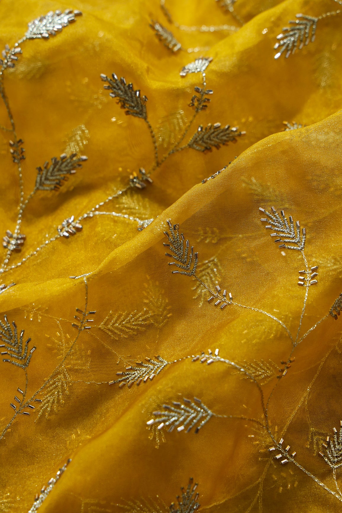 AIzaSyBcstauz-XMPRhEY21AUzeo032pxrXB5Ug - Gold Zari With Beads Leafy Embroidery Work On Yellow Organza Fabric