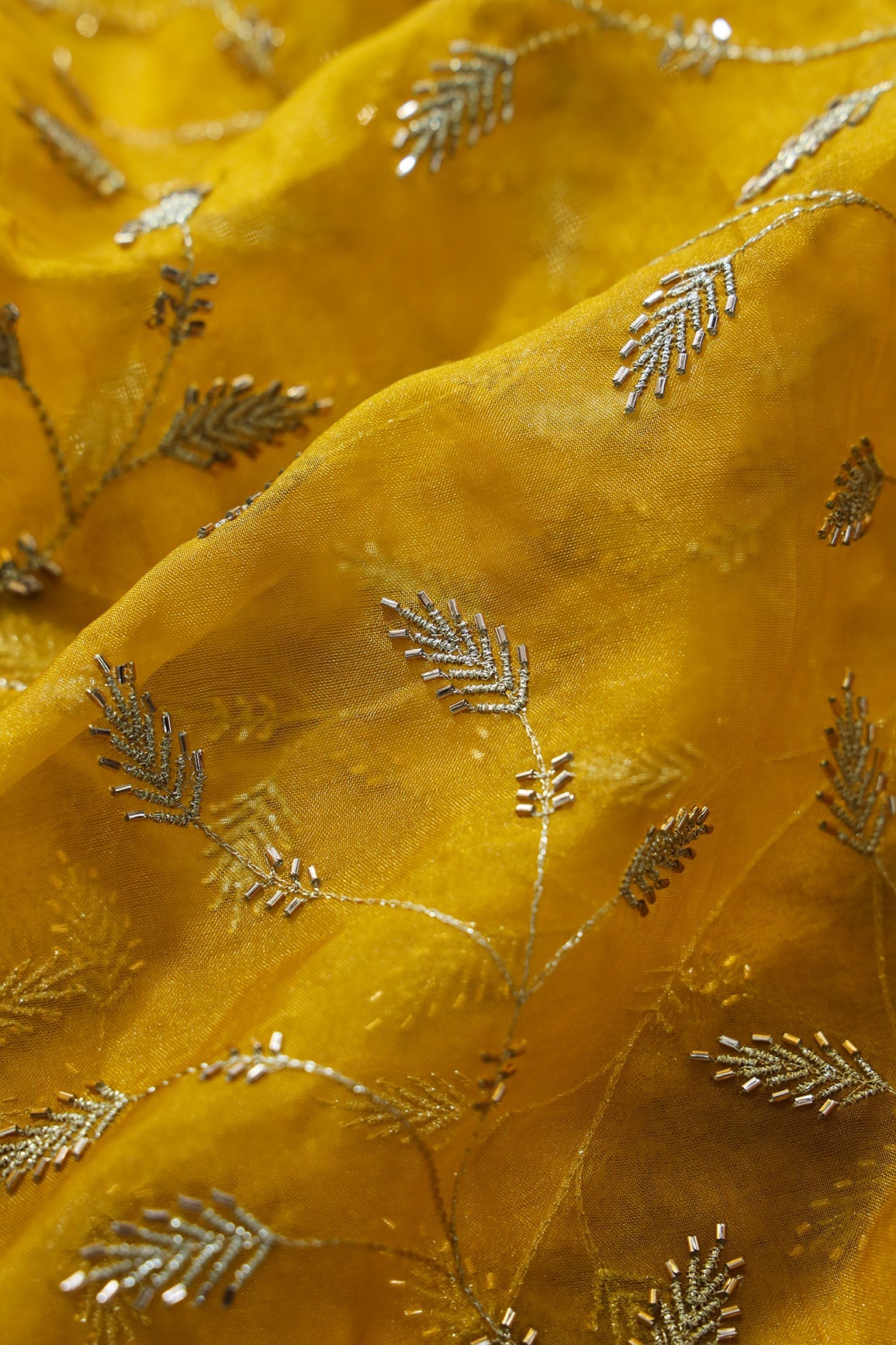 AIzaSyBcstauz-XMPRhEY21AUzeo032pxrXB5Ug - Gold Zari With Beads Leafy Embroidery Work On Yellow Organza Fabric