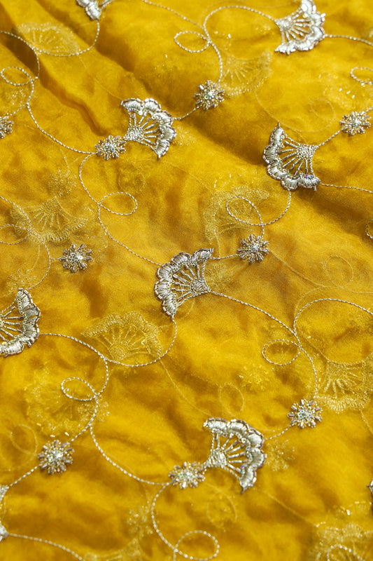 AIzaSyBcstauz-XMPRhEY21AUzeo032pxrXB5Ug - Gold Zari With Beads Beautiful Floral Embroidery On Yellow Organza Fabric