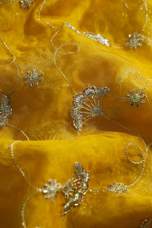 AIzaSyBcstauz-XMPRhEY21AUzeo032pxrXB5Ug - Gold Zari With Beads Beautiful Floral Embroidery On Yellow Organza Fabric