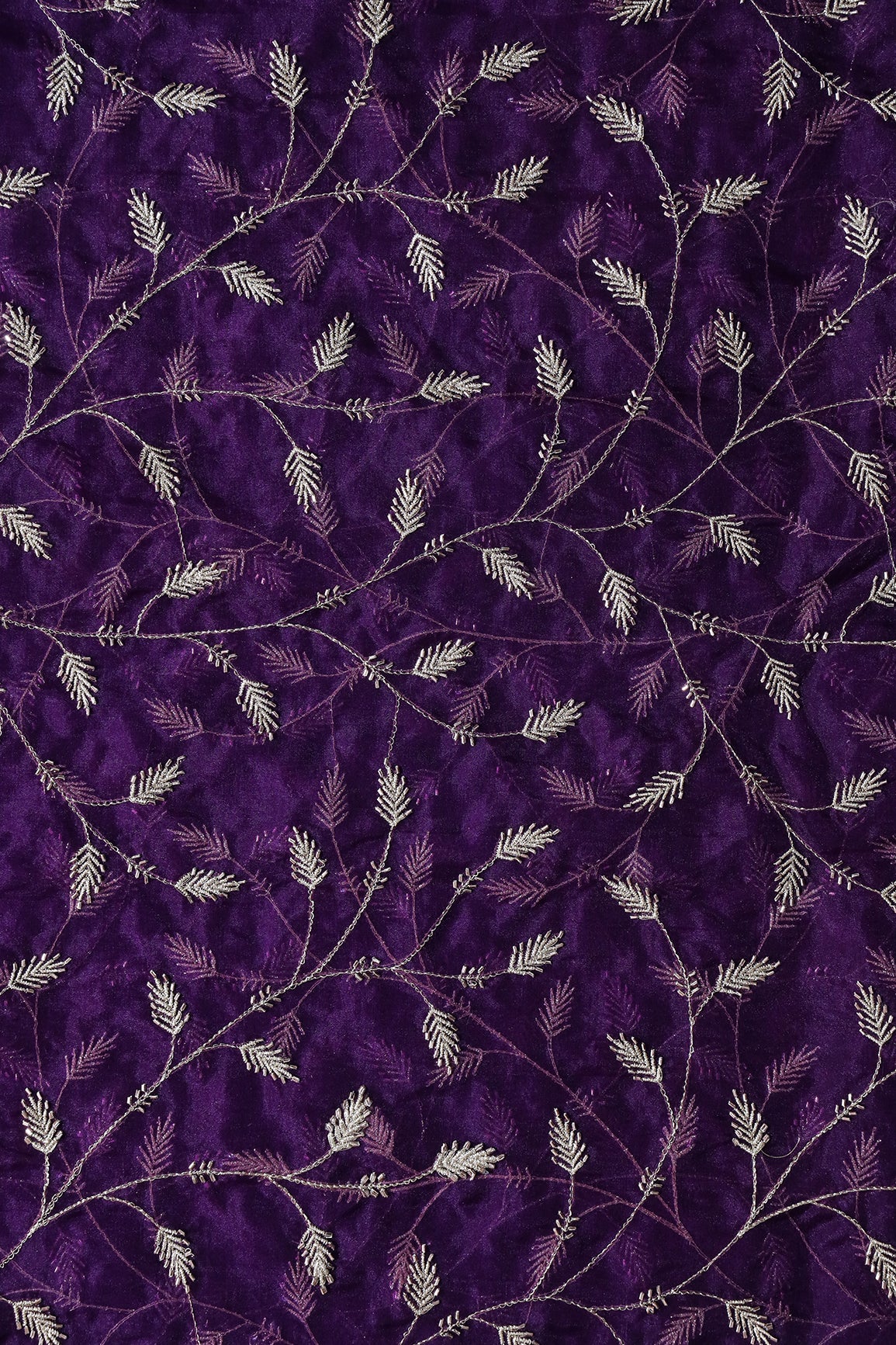 AIzaSyBcstauz-XMPRhEY21AUzeo032pxrXB5Ug - Gold Zari With Beads Leafy Embroidery Work On Purple Organza Fabric