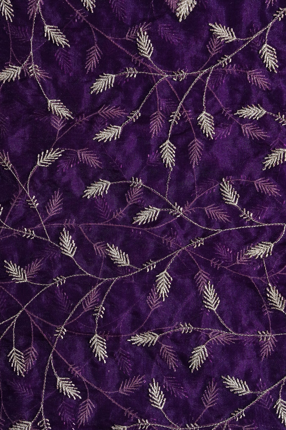 AIzaSyBcstauz-XMPRhEY21AUzeo032pxrXB5Ug - Gold Zari With Beads Leafy Embroidery Work On Purple Organza Fabric