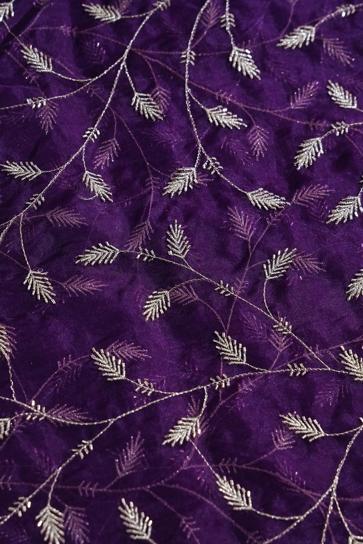 AIzaSyBcstauz-XMPRhEY21AUzeo032pxrXB5Ug - Gold Zari With Beads Leafy Embroidery Work On Purple Organza Fabric