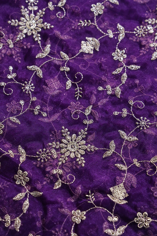 Zari Thread With Beads Floral Embroidery On Purple Organza Fabric