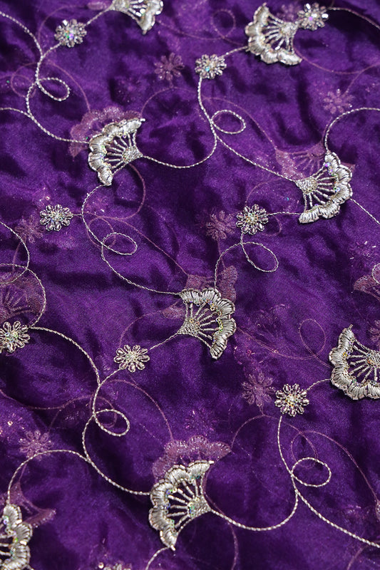 AIzaSyBcstauz-XMPRhEY21AUzeo032pxrXB5Ug - Gold Zari With Beads Beautiful Floral Embroidery On Purple Organza Fabric