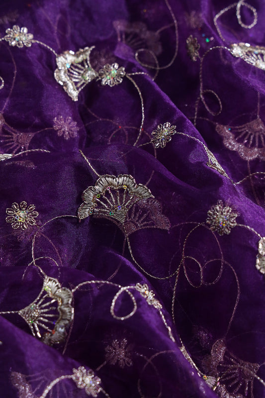 AIzaSyBcstauz-XMPRhEY21AUzeo032pxrXB5Ug - Gold Zari With Beads Beautiful Floral Embroidery On Purple Organza Fabric