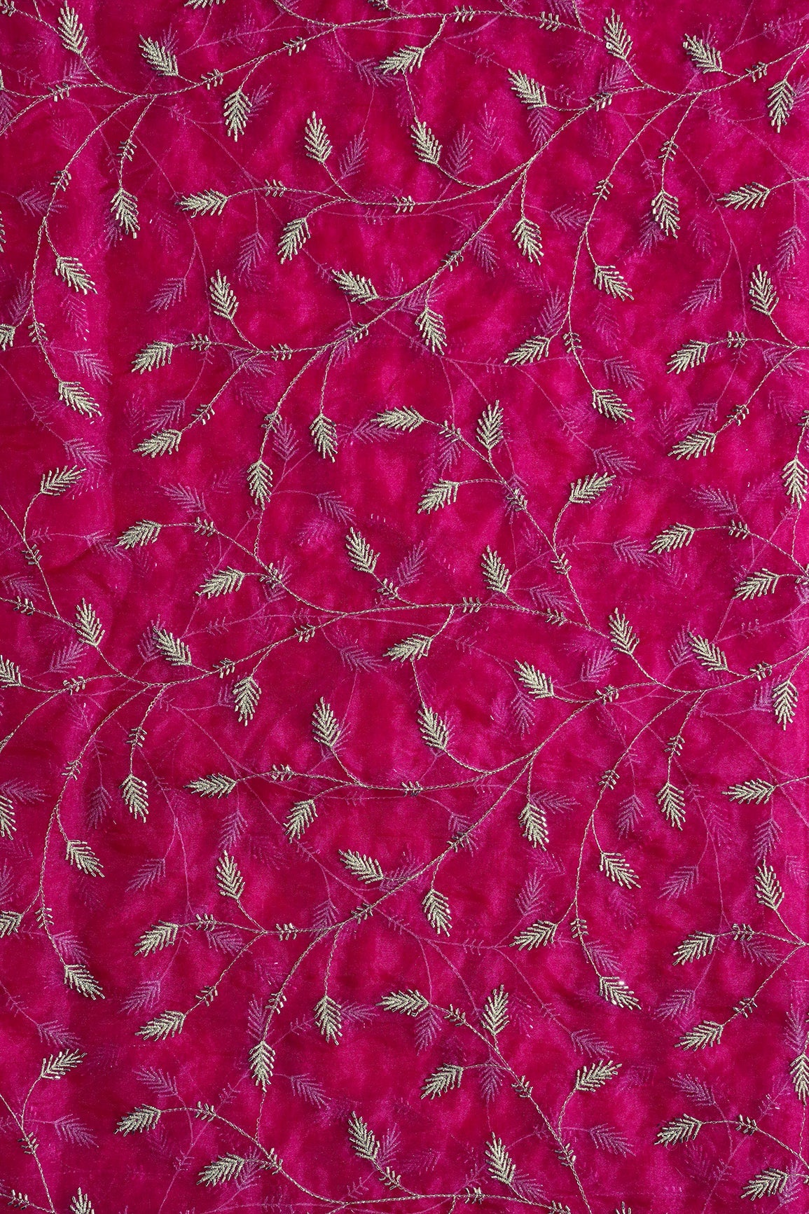 AIzaSyBcstauz-XMPRhEY21AUzeo032pxrXB5Ug - Gold Zari With Beads Leafy Embroidery Work On Rani Organza Fabric