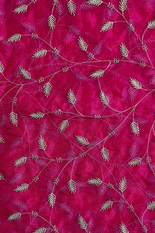 AIzaSyBcstauz-XMPRhEY21AUzeo032pxrXB5Ug - Gold Zari With Beads Leafy Embroidery Work On Rani Organza Fabric