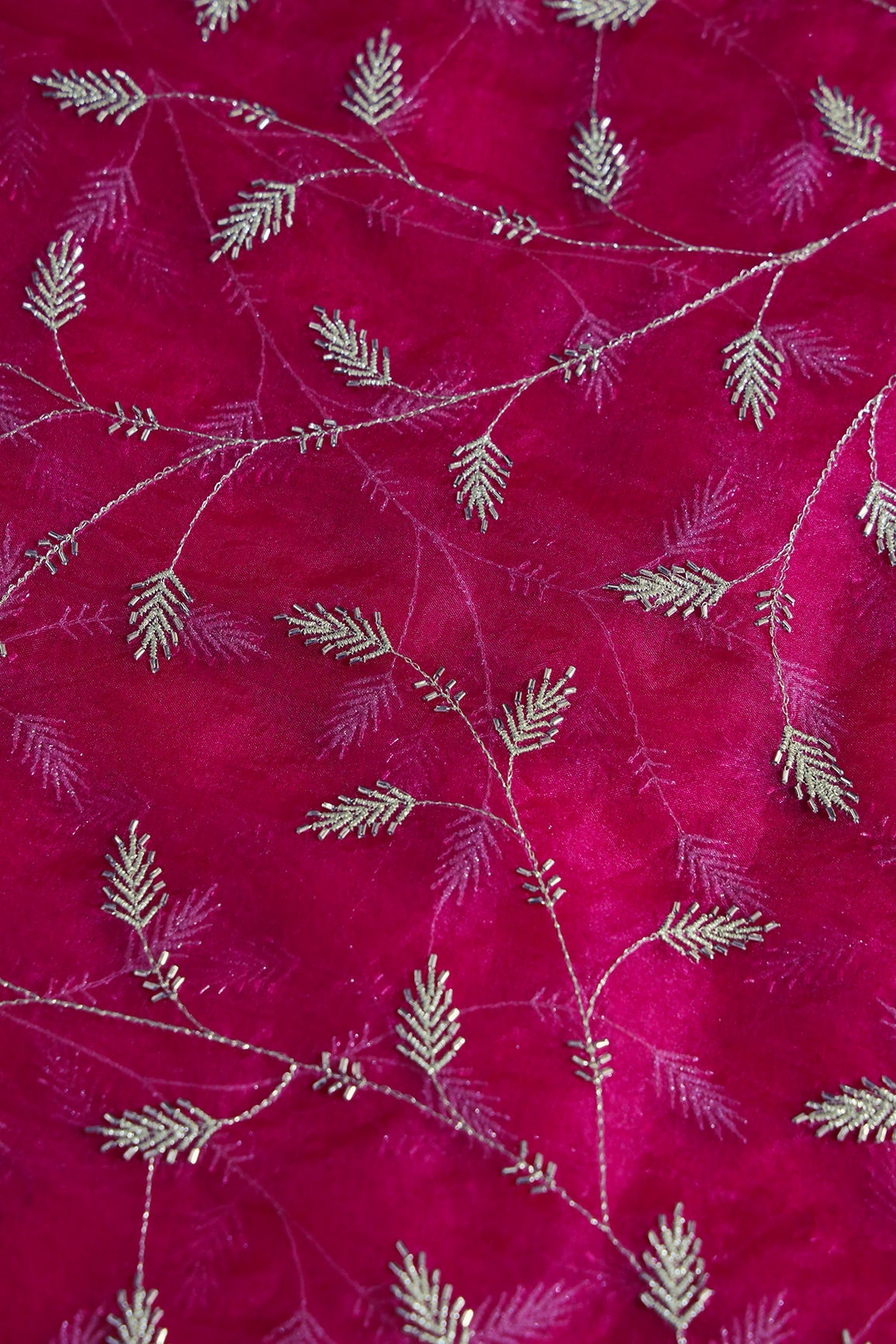 AIzaSyBcstauz-XMPRhEY21AUzeo032pxrXB5Ug - Gold Zari With Beads Leafy Embroidery Work On Rani Organza Fabric