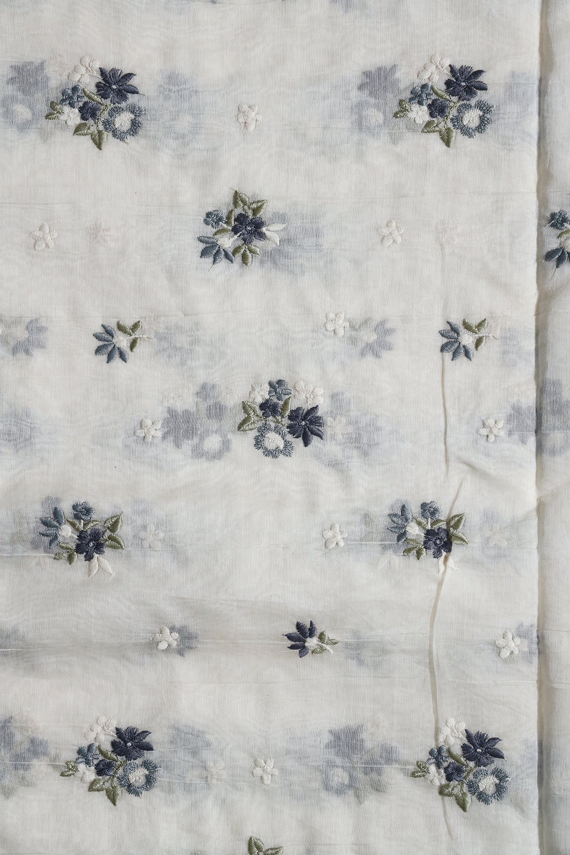 AIzaSyBcstauz-XMPRhEY21AUzeo032pxrXB5Ug - Dark Blue And Olive Beautiful Floral Embroidery On Pure Mul Chanderi Silk Fabric