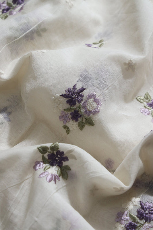 Purple and Lilac Beautiful Floral Embroidery On Pure Mul Chanderi Silk Fabric