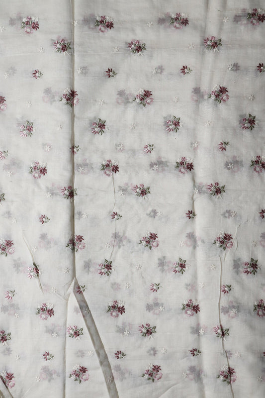 Mauve and Olive Beautiful Floral Embroidery On Pure Mul Chanderi Silk Fabric
