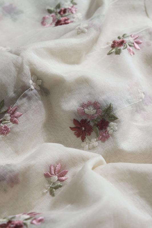 Mauve and Olive Beautiful Floral Embroidery On Pure Mul Chanderi Silk Fabric