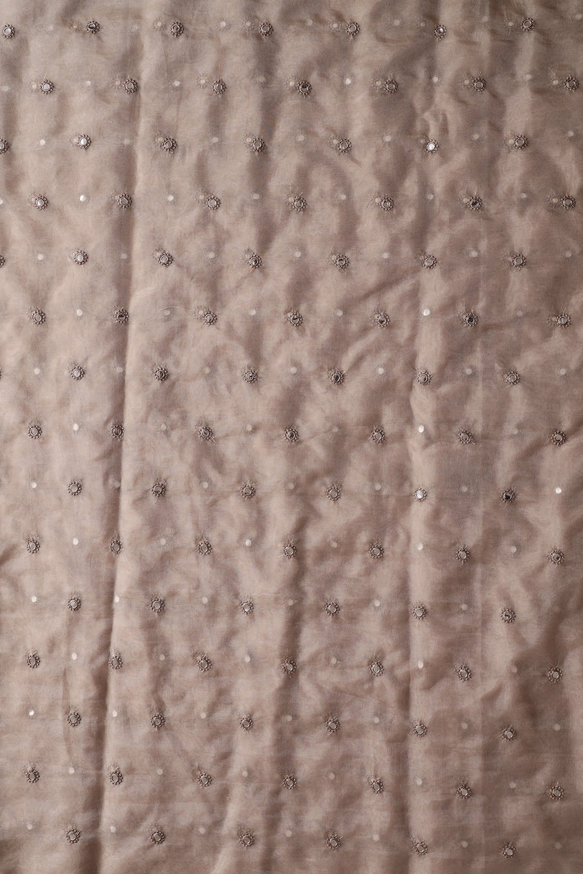 AIzaSyBcstauz-XMPRhEY21AUzeo032pxrXB5Ug - Brown Thread With Foil Mirror Work Small Motif Embroidery On Brown Organza Fabric