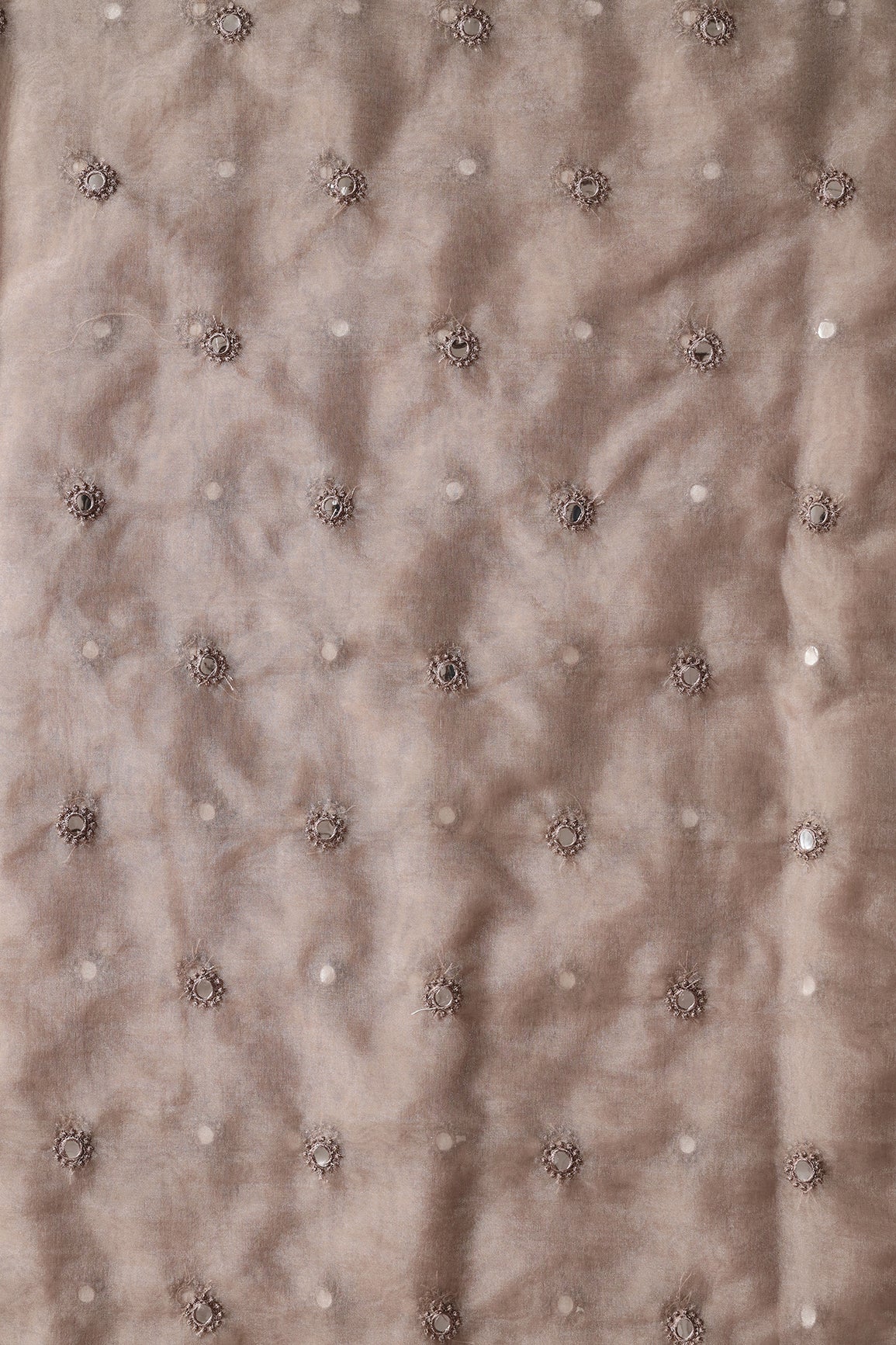 AIzaSyBcstauz-XMPRhEY21AUzeo032pxrXB5Ug - Brown Thread With Foil Mirror Work Small Motif Embroidery On Brown Organza Fabric