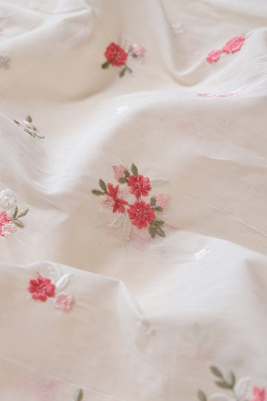 Pink And Olive Floral Embroidery On Off White Unstitched Suit Set (3 Piece)