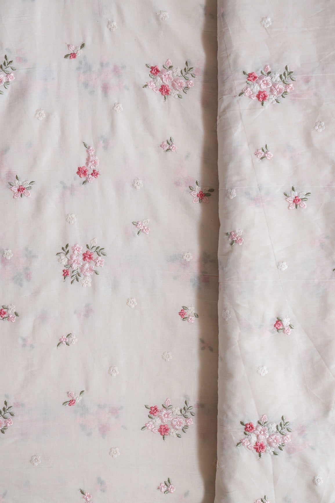 AIzaSyBcstauz-XMPRhEY21AUzeo032pxrXB5Ug - Baby Pink And Olive Thread Beautiful Floral Embroidery On Off White Organic Cotton Fabric