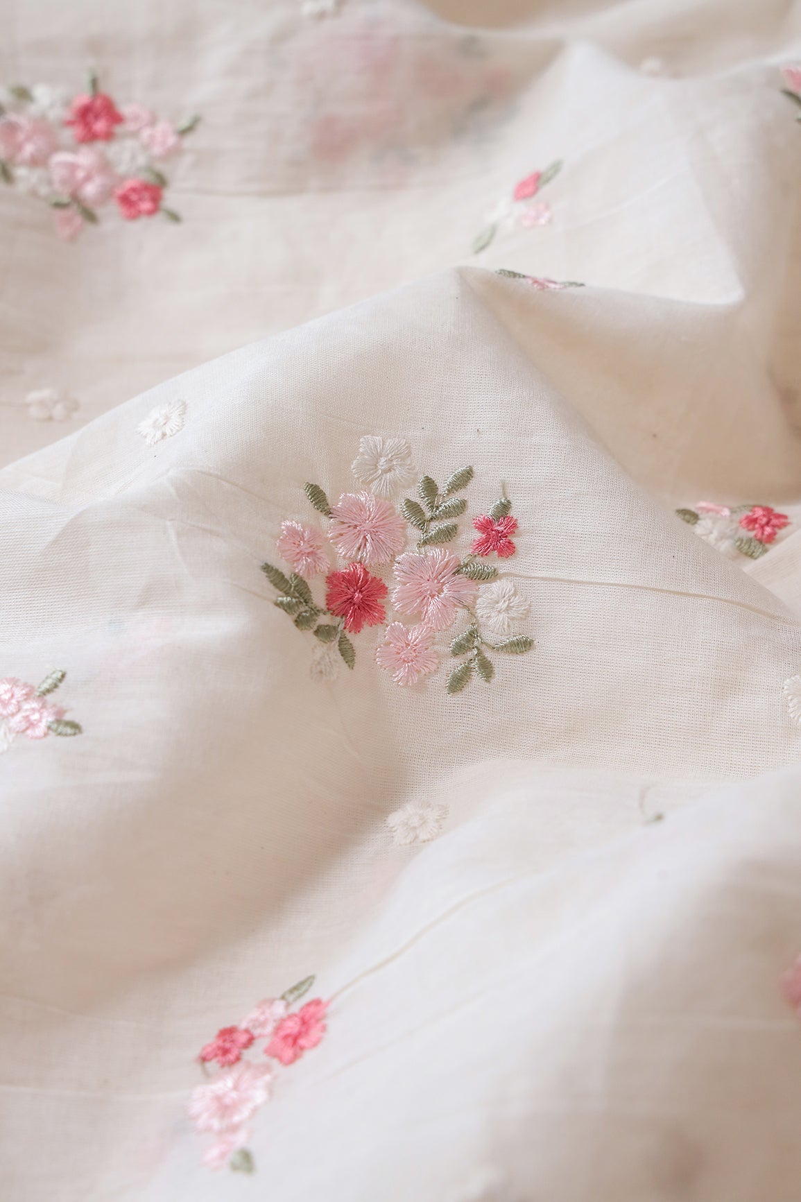 AIzaSyBcstauz-XMPRhEY21AUzeo032pxrXB5Ug - Baby Pink And Olive Thread Beautiful Floral Embroidery On Off White Organic Cotton Fabric