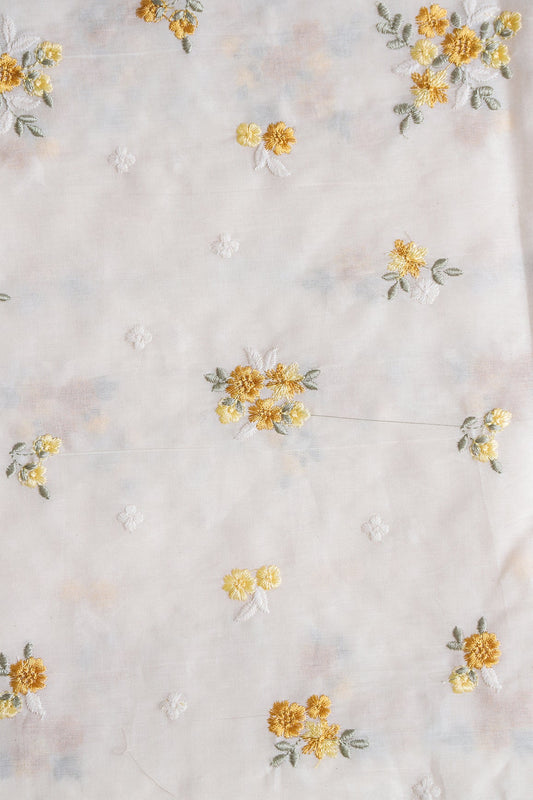 Mustard And Olive Thread Beautiful Floral Embroidery On Off White Organic Cotton Fabric