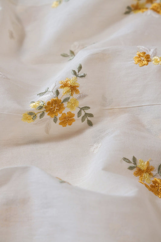 Mustard And Olive Thread Beautiful Floral Embroidery On Off White Organic Cotton Fabric