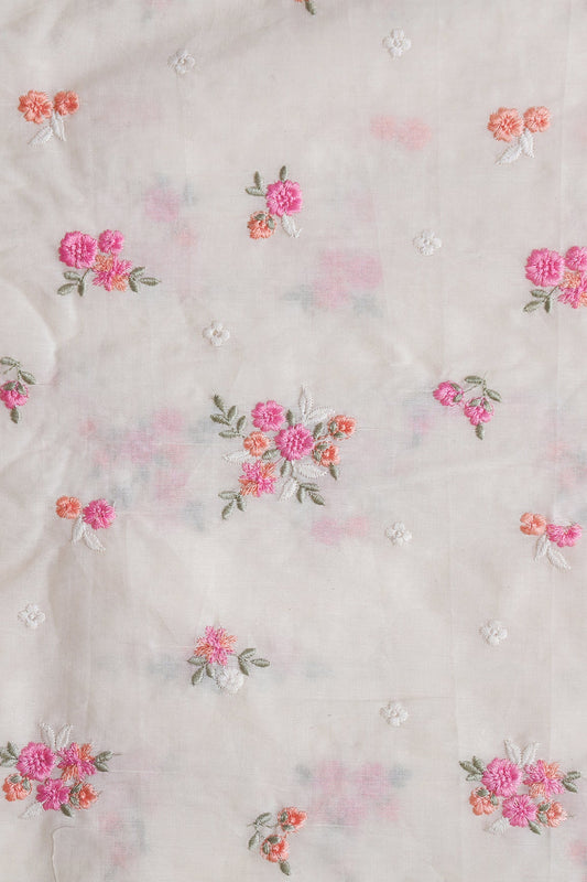 Pink And Olive Thread Beautiful Floral Embroidery On Off White Organic Cotton Fabric