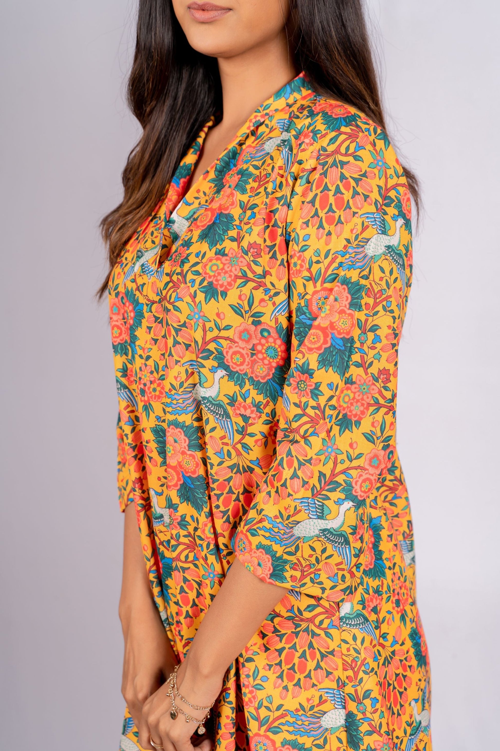 AIzaSyBcstauz-XMPRhEY21AUzeo032pxrXB5Ug - Ezra Yellow Ethnic Printed Linen Indian Co-ord Set