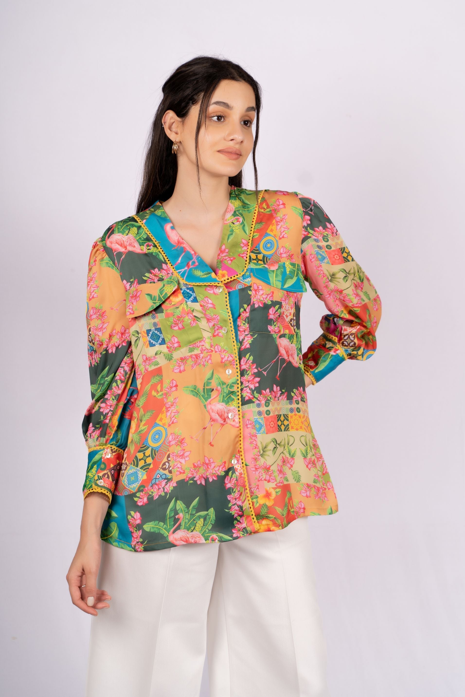 AIzaSyBcstauz-XMPRhEY21AUzeo032pxrXB5Ug - Cara Botanical Patch Print Satin Shirt
