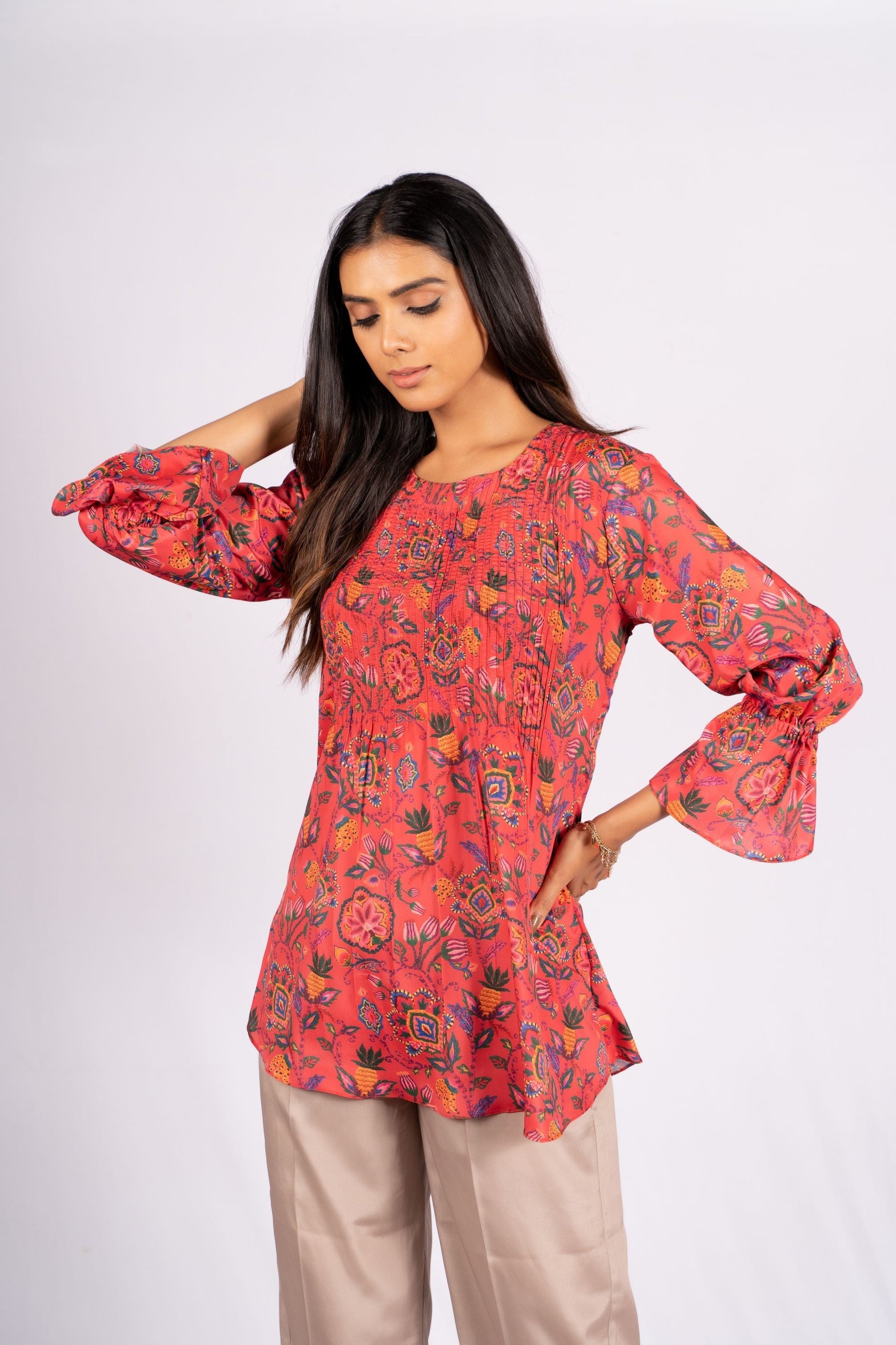 AIzaSyBcstauz-XMPRhEY21AUzeo032pxrXB5Ug - Azure Floral Dark Pink And Beige Crepe Co-ord Set