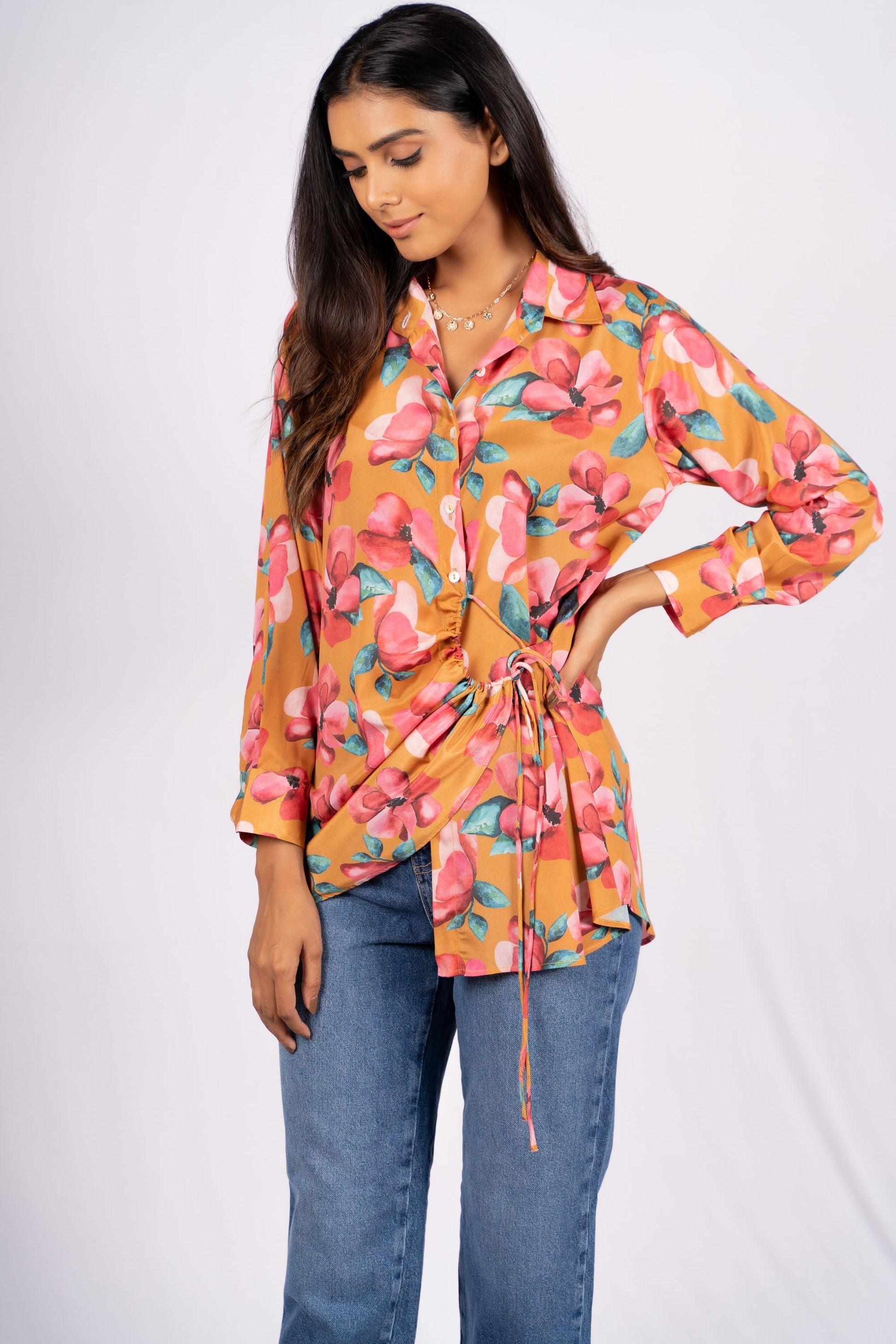 AIzaSyBcstauz-XMPRhEY21AUzeo032pxrXB5Ug - Amalia Floral Mustard Drawstring Crepe Shirt