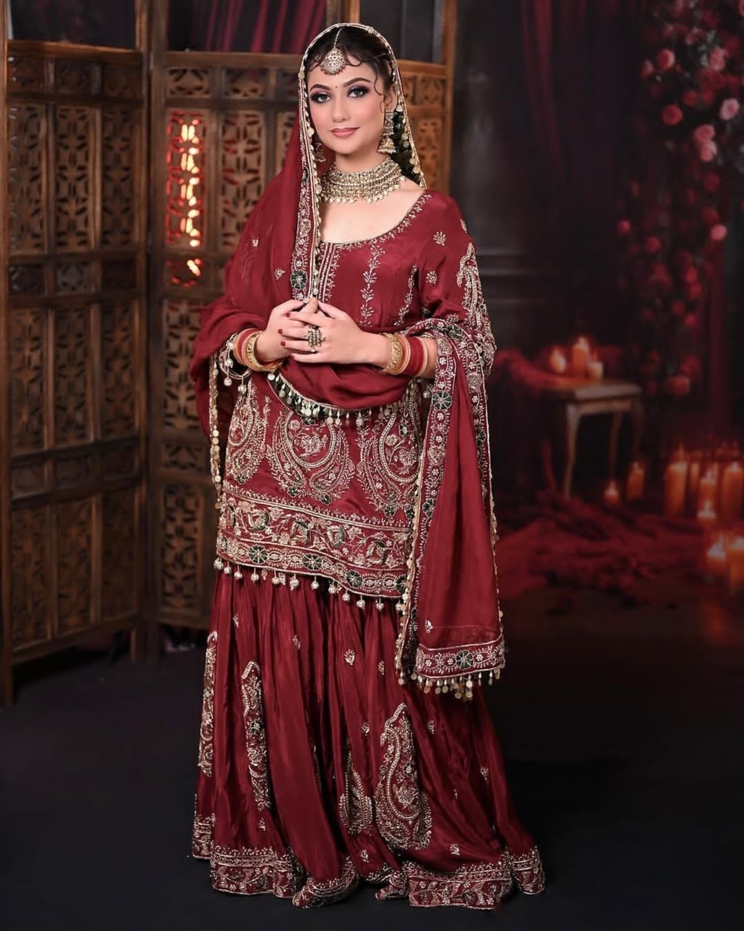 Ethnic Embroidery Kurta Sharara Palazzo Set with Four-Side Latkan Lace Dupatta