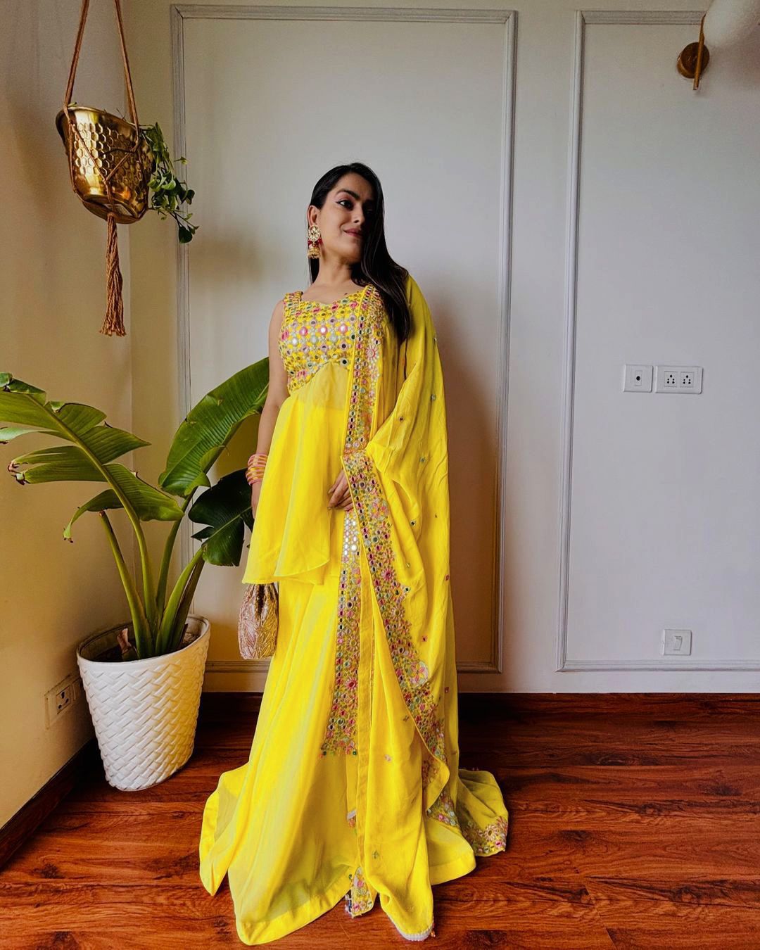 Haldi Special Foux Georgette Top ,Palazzo With Dupatta