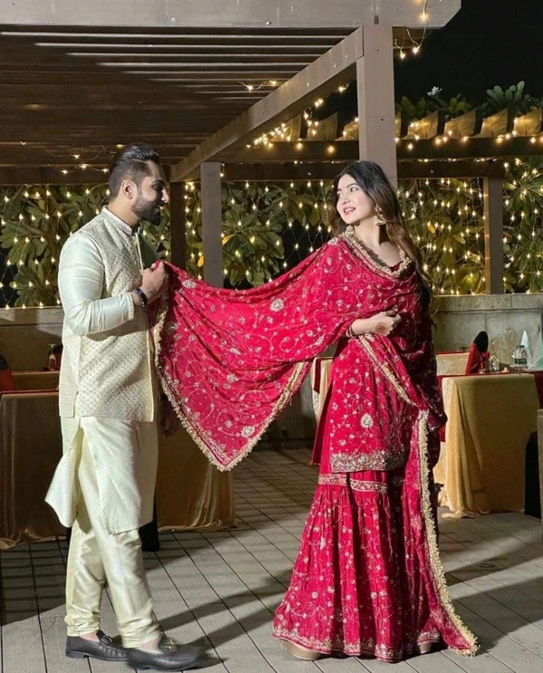 Elegant Long Sleeve Kurta Sharara Set in Georgette with Silk Inner & Embellished Dupatta