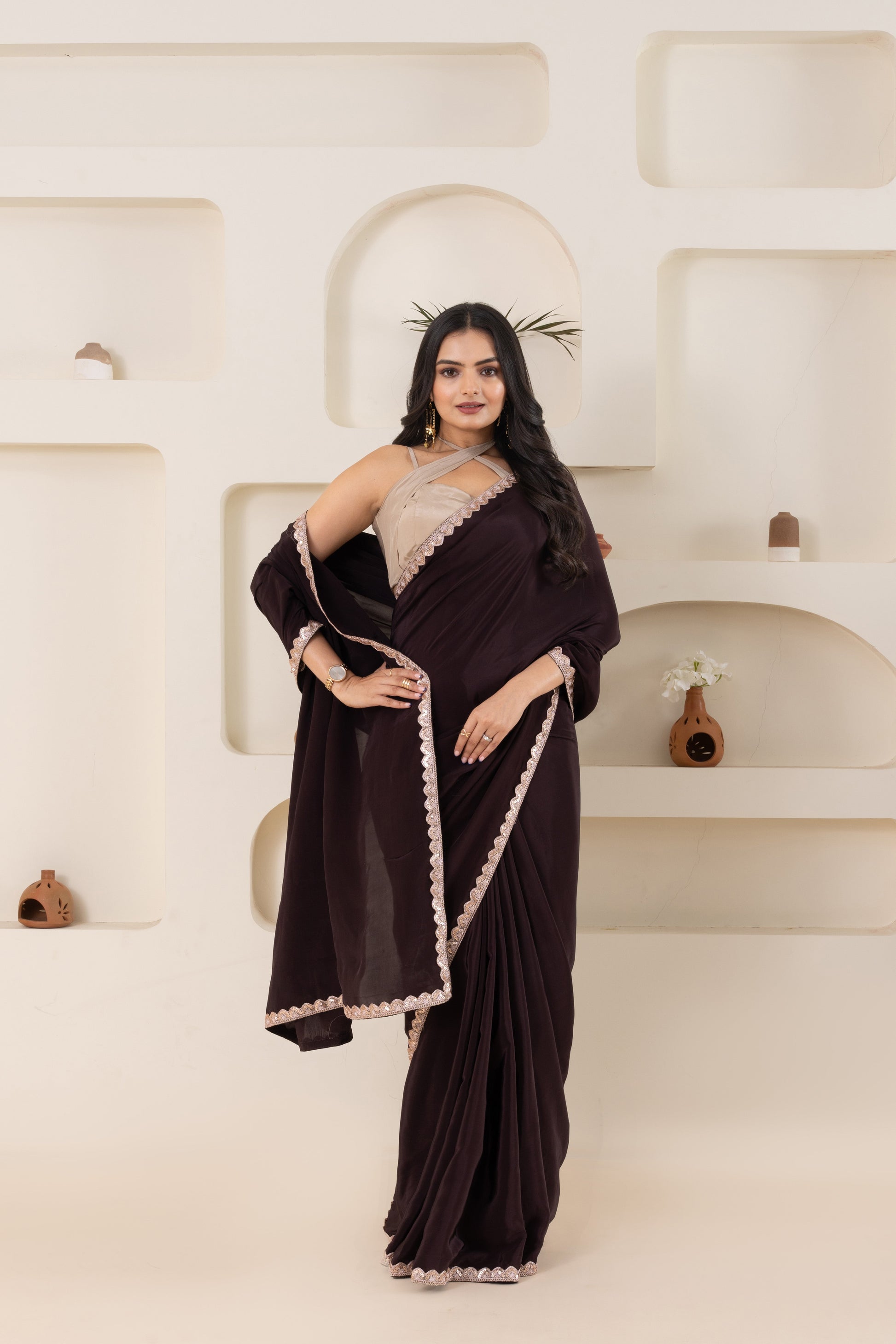 AIzaSyBcstauz-XMPRhEY21AUzeo032pxrXB5Ug - Brown And Beige Pure Viscose Crepe Saree Set With Border (Saree With Blouse Piece)