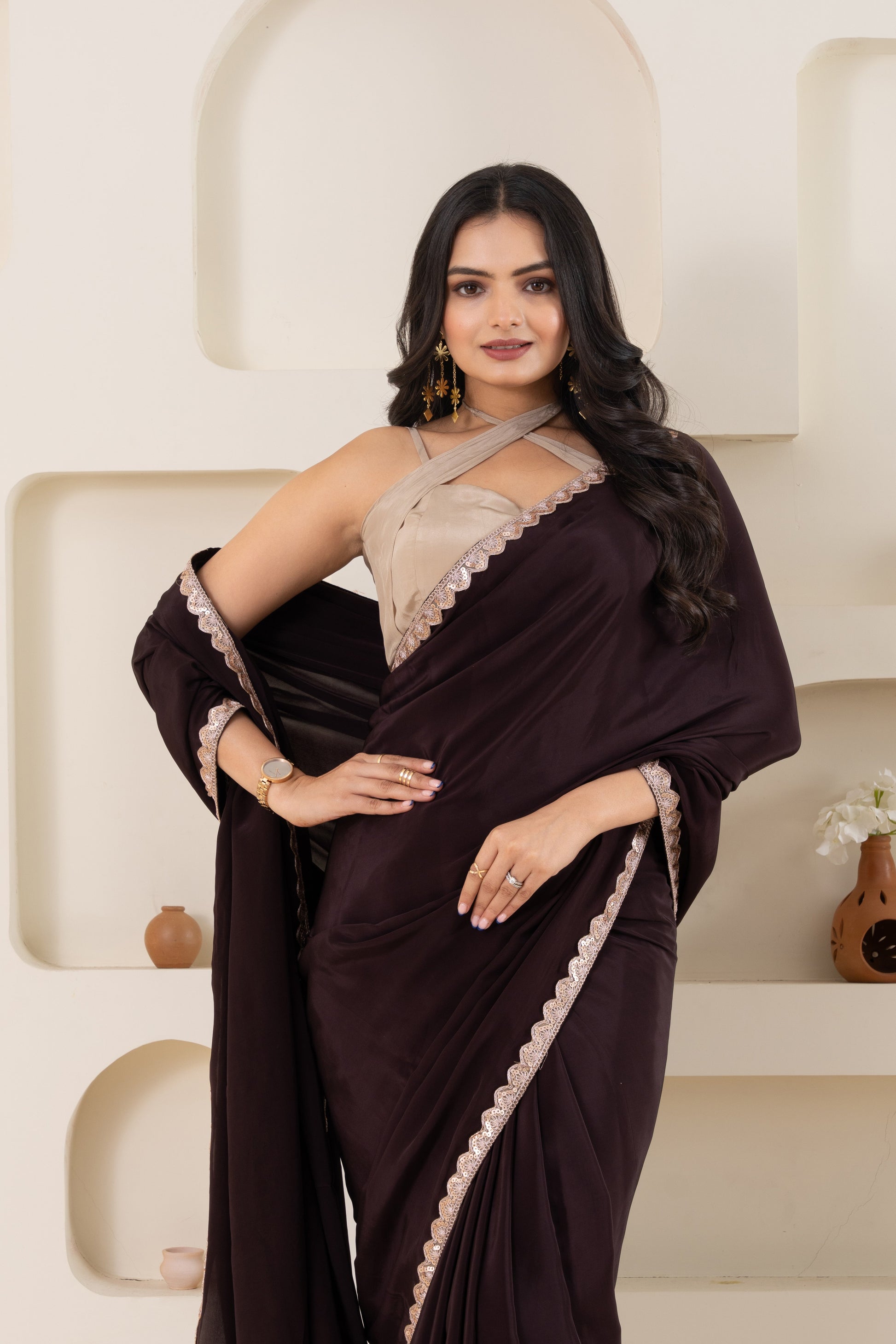 AIzaSyBcstauz-XMPRhEY21AUzeo032pxrXB5Ug - Brown And Beige Pure Viscose Crepe Saree Set With Border (Saree With Blouse Piece)