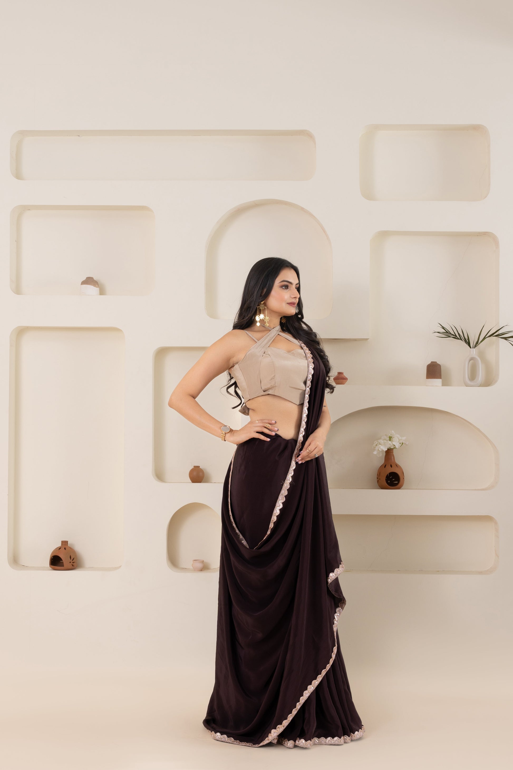 AIzaSyBcstauz-XMPRhEY21AUzeo032pxrXB5Ug - Brown And Beige Pure Viscose Crepe Saree Set With Border (Saree With Blouse Piece)