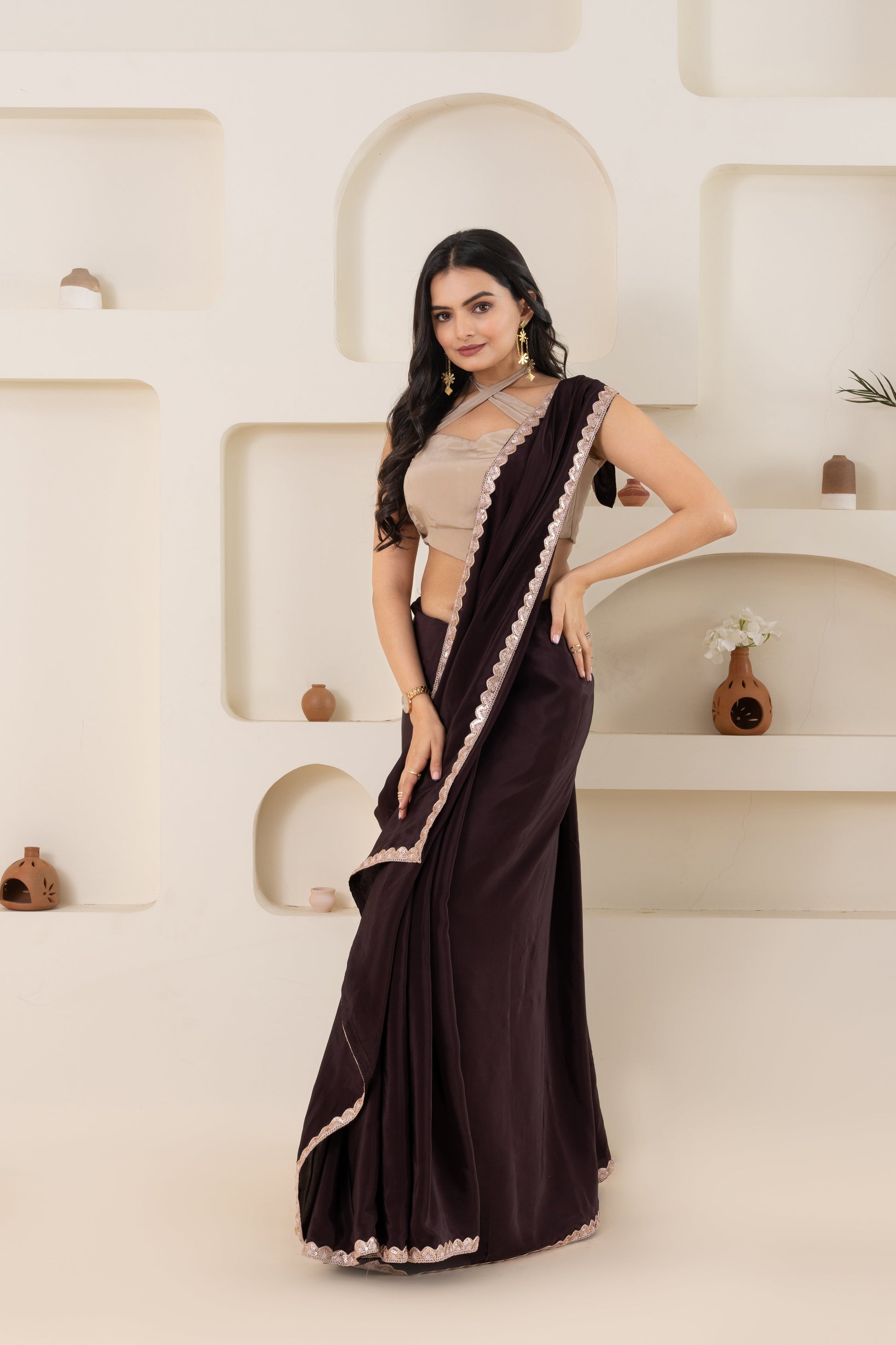 AIzaSyBcstauz-XMPRhEY21AUzeo032pxrXB5Ug - Brown And Beige Pure Viscose Crepe Saree Set With Border (Saree With Blouse Piece)