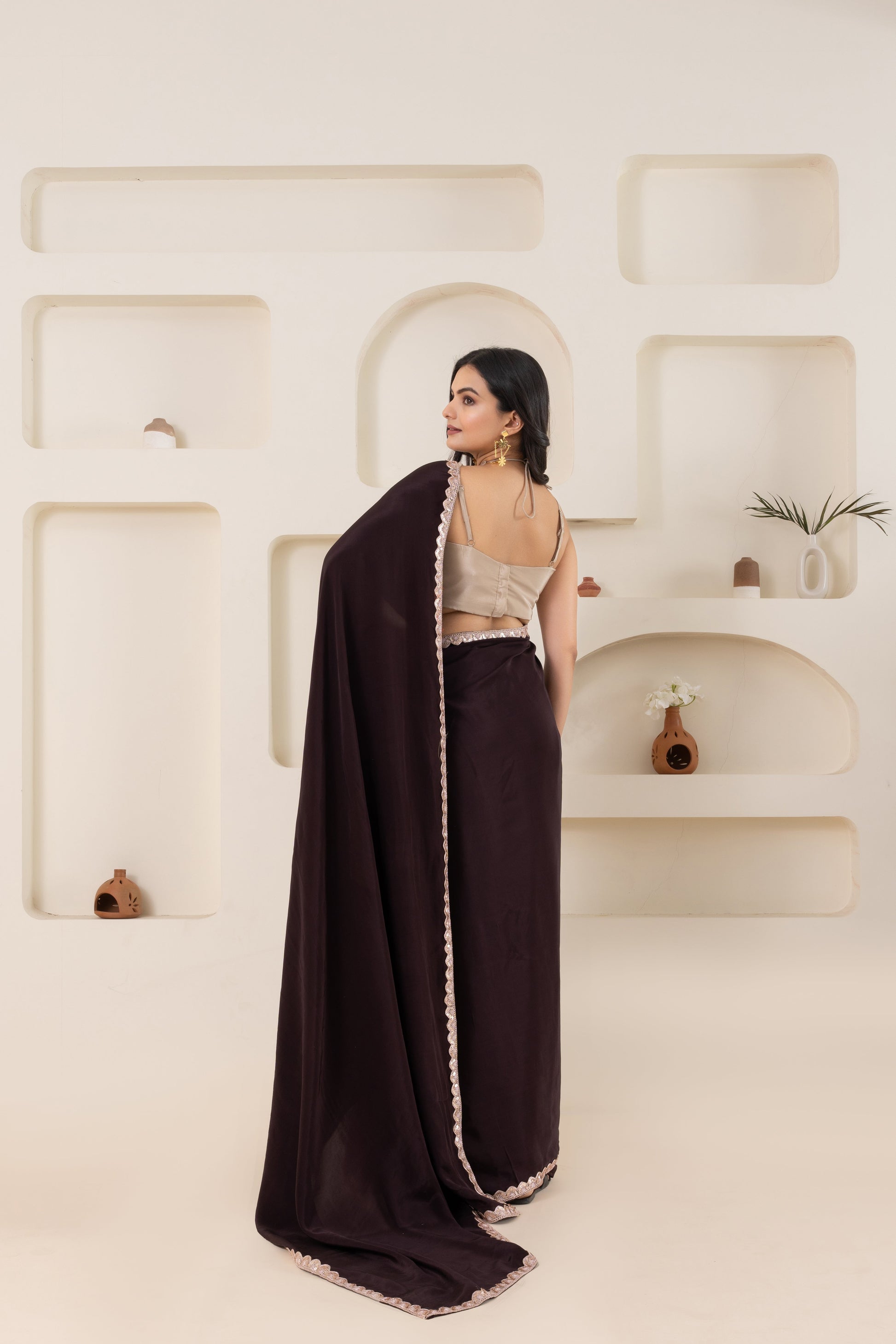 AIzaSyBcstauz-XMPRhEY21AUzeo032pxrXB5Ug - Brown And Beige Pure Viscose Crepe Saree Set With Border (Saree With Blouse Piece)