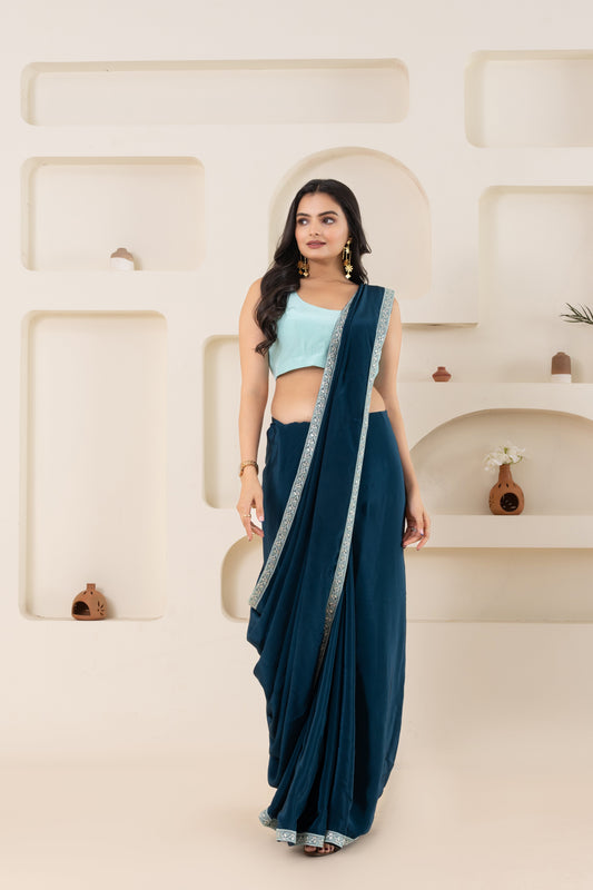 Rama Green And Light Sky Pure Viscose Crepe Saree Set With Border (Saree With Blouse Piece)