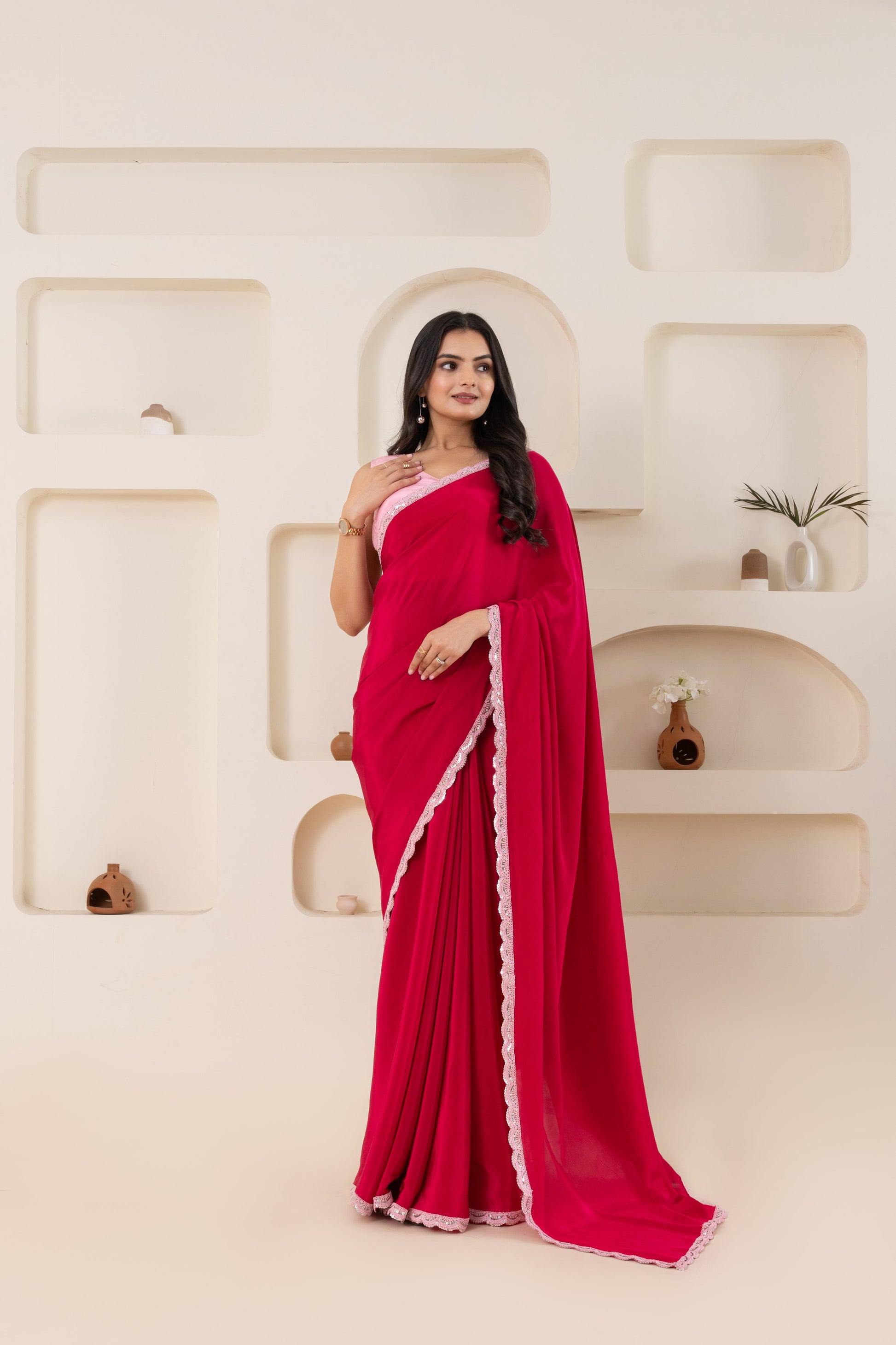 AIzaSyBcstauz-XMPRhEY21AUzeo032pxrXB5Ug - Fuchsia And Baby Pink Pure Viscose Crepe Saree Set With Border (Saree With Blouse Piece)