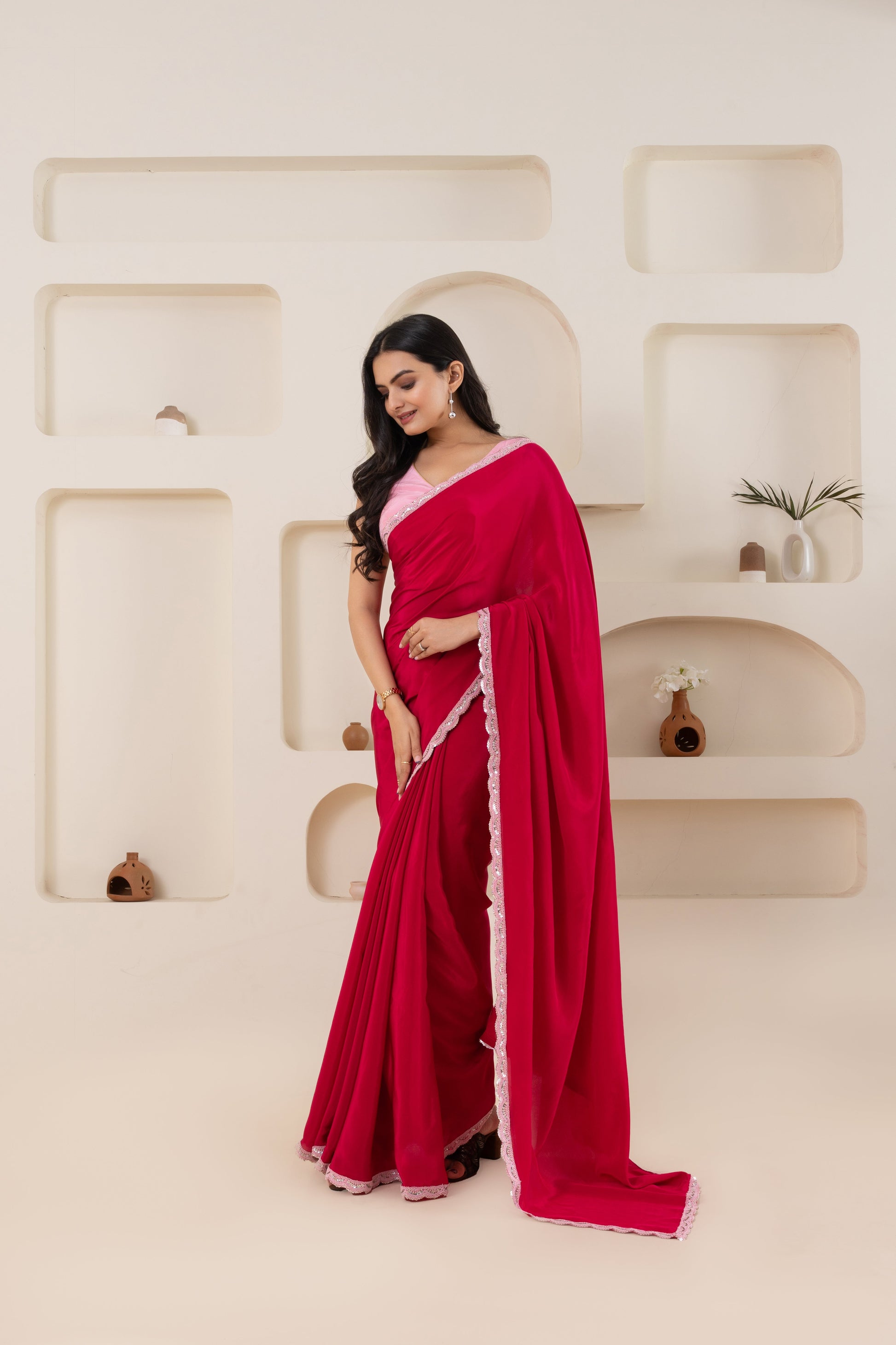 AIzaSyBcstauz-XMPRhEY21AUzeo032pxrXB5Ug - Fuchsia And Baby Pink Pure Viscose Crepe Saree Set With Border (Saree With Blouse Piece)
