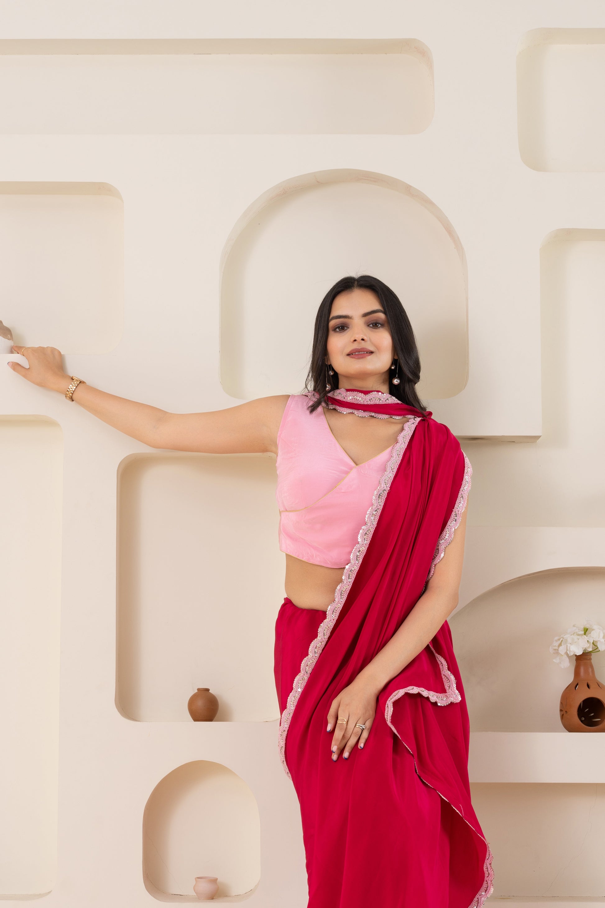 AIzaSyBcstauz-XMPRhEY21AUzeo032pxrXB5Ug - Fuchsia And Baby Pink Pure Viscose Crepe Saree Set With Border (Saree With Blouse Piece)