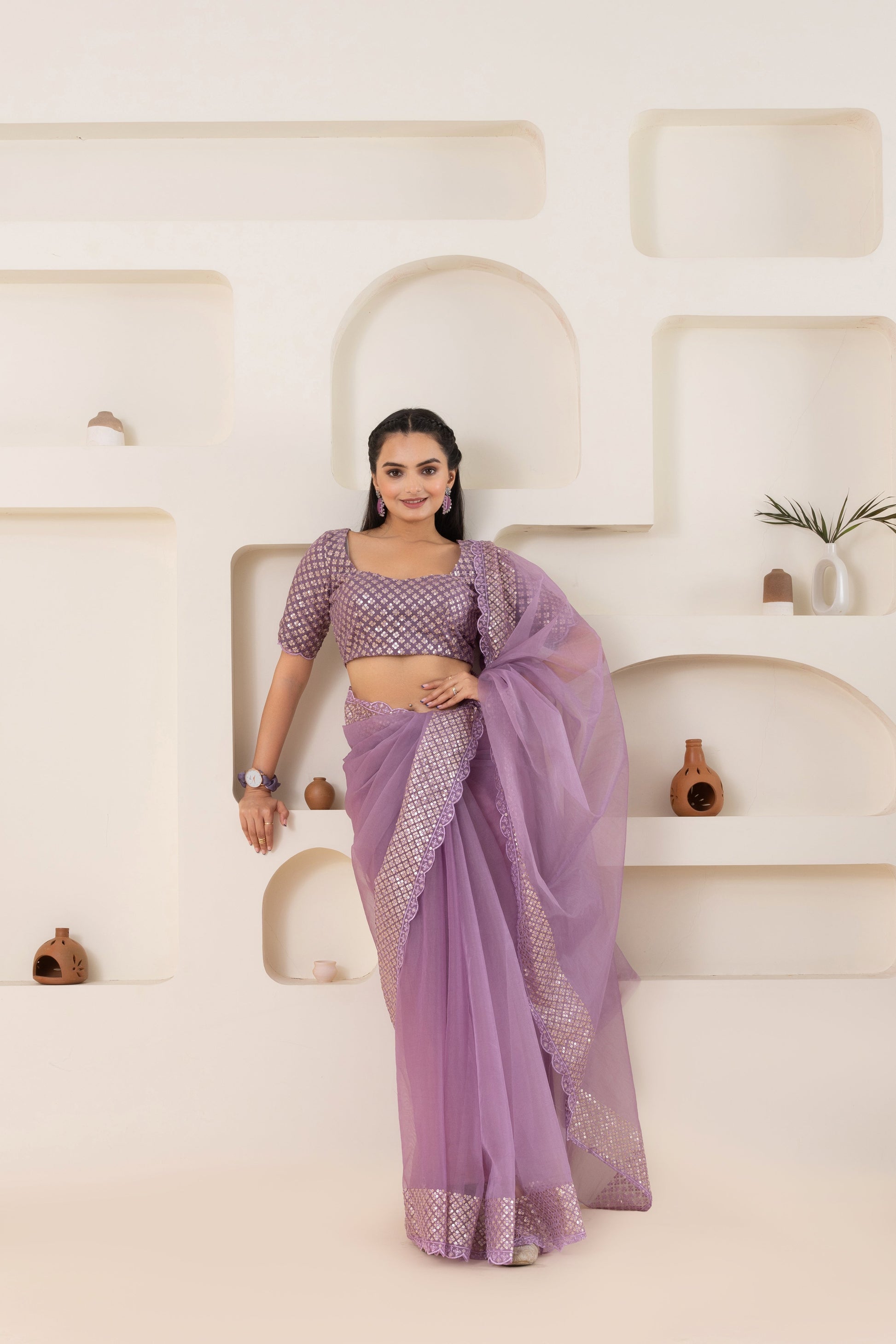 AIzaSyBcstauz-XMPRhEY21AUzeo032pxrXB5Ug - Lavender Embroidery Saree Set (Saree With Blouse Piece)