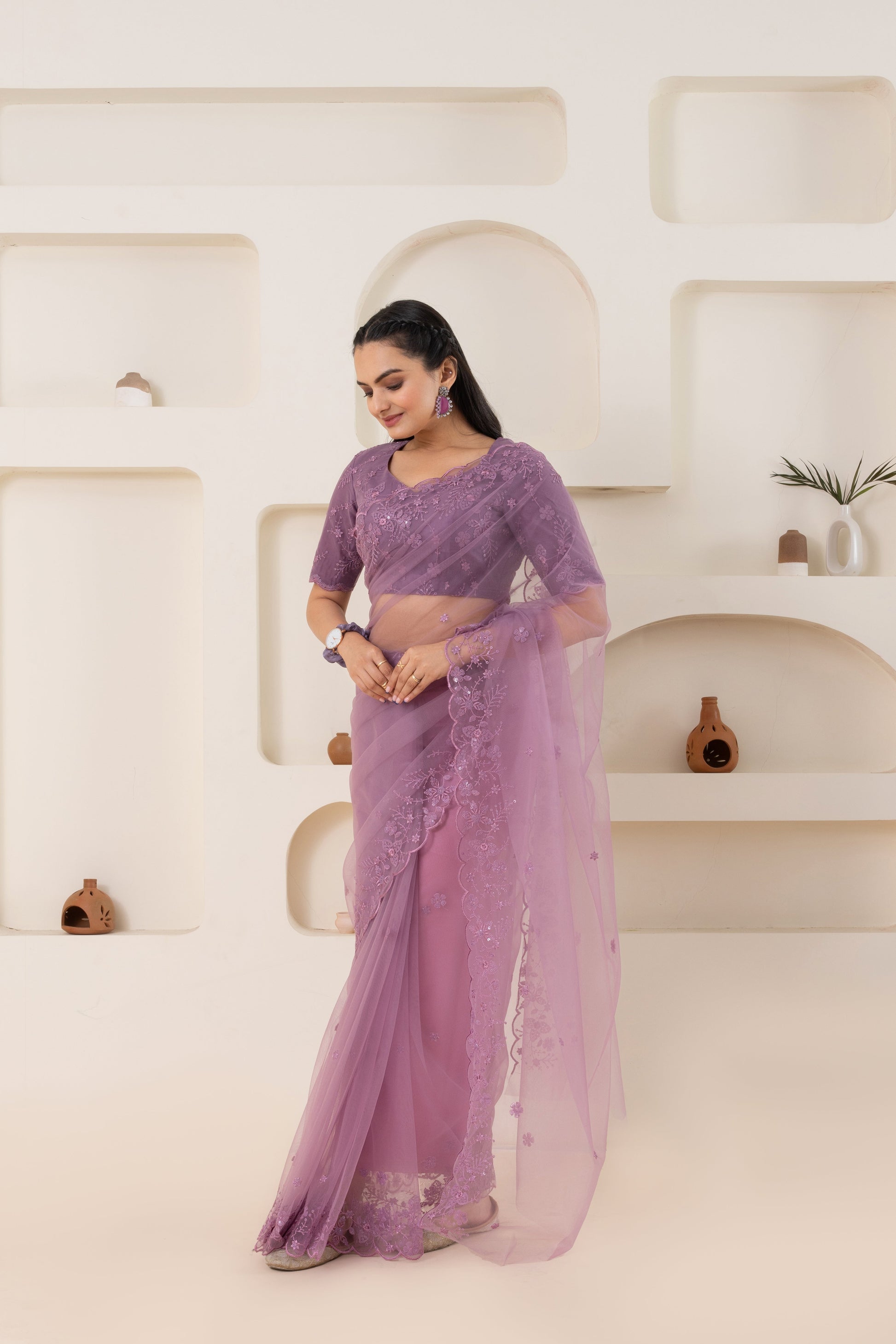 AIzaSyBcstauz-XMPRhEY21AUzeo032pxrXB5Ug - Lavender Embroidery Saree Set (Saree With Blouse Piece)