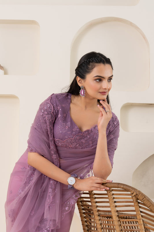 AIzaSyBcstauz-XMPRhEY21AUzeo032pxrXB5Ug - Lavender Embroidery Saree Set (Saree With Blouse Piece)
