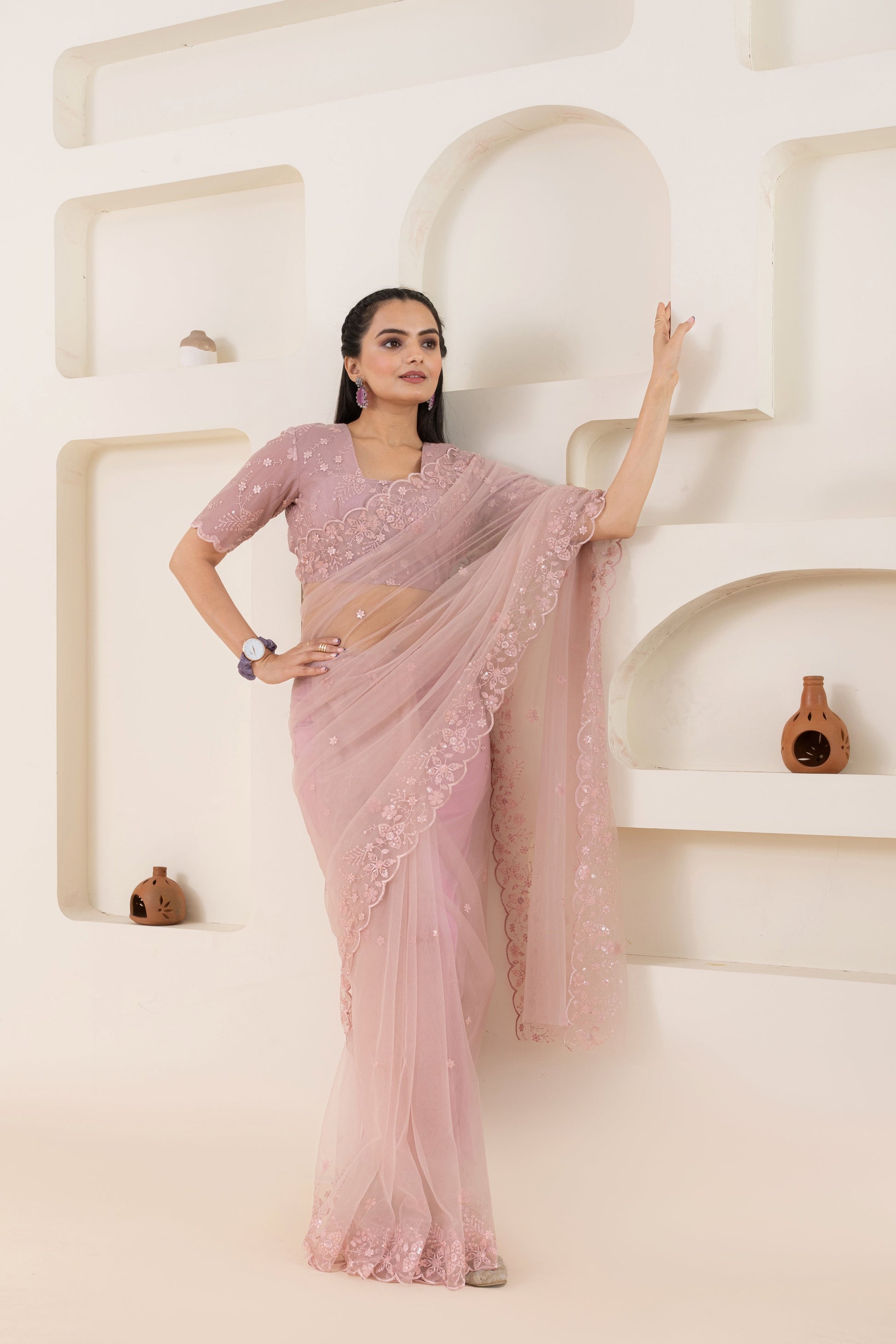 AIzaSyBcstauz-XMPRhEY21AUzeo032pxrXB5Ug - Dusty Pink Embroidery Saree Set (Saree With Blouse Piece)