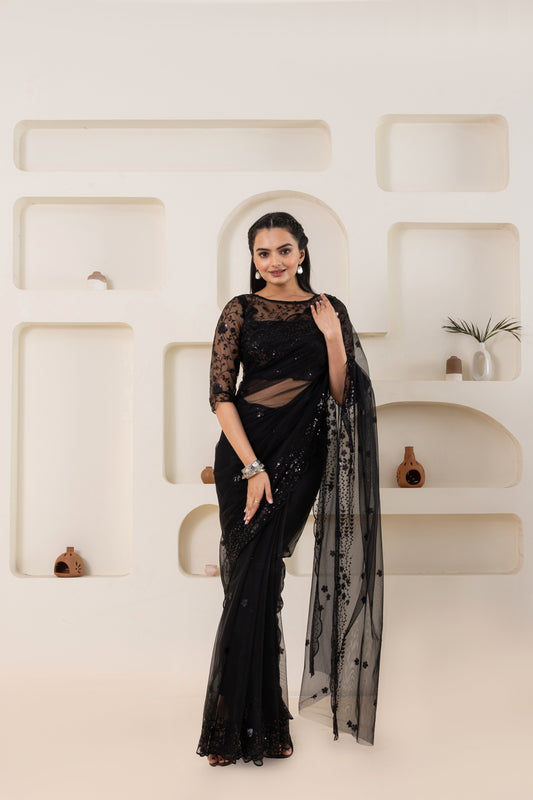 AIzaSyBcstauz-XMPRhEY21AUzeo032pxrXB5Ug - Black Embroidery Saree Set (Saree With Blouse Piece)