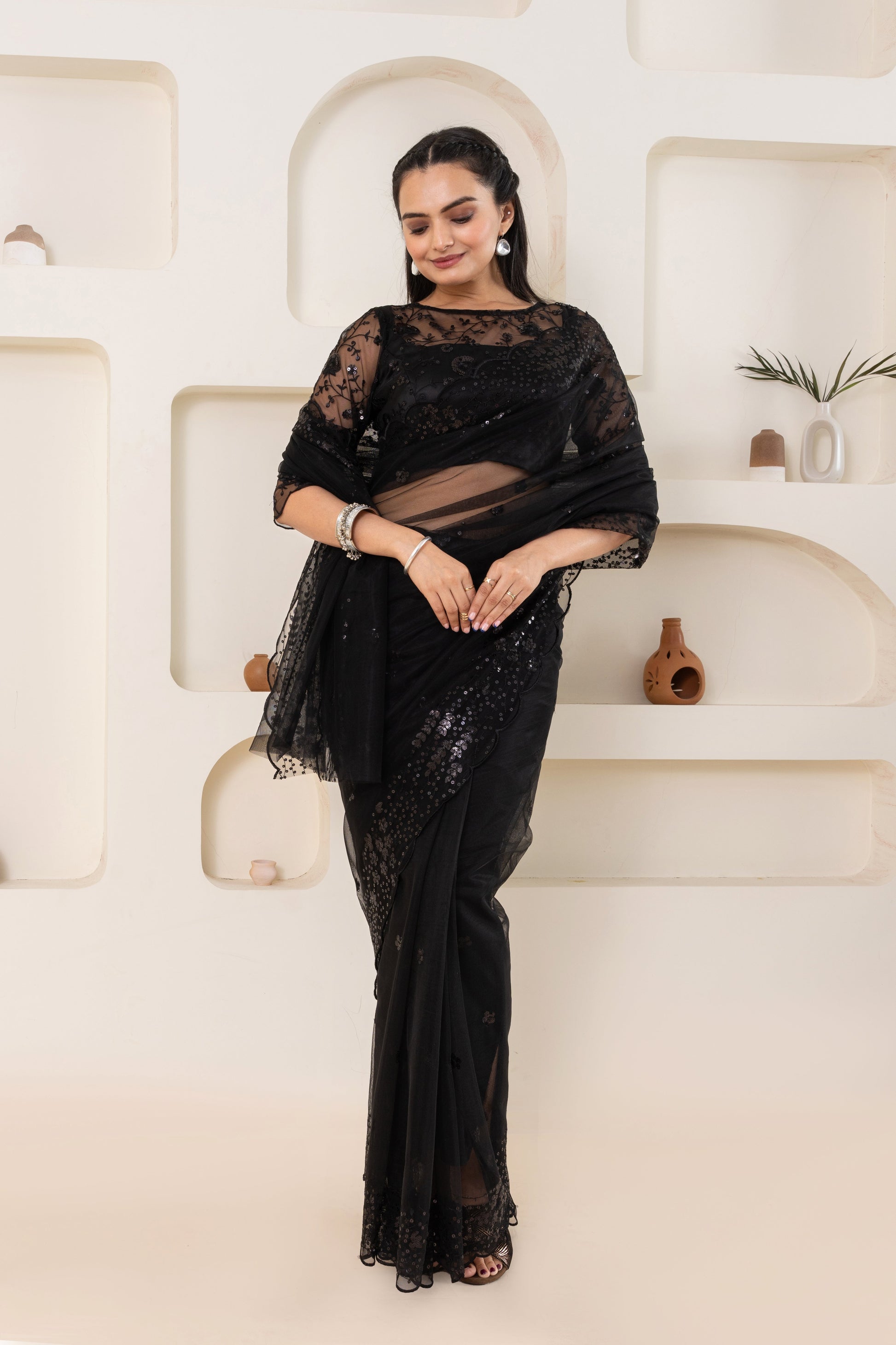 AIzaSyBcstauz-XMPRhEY21AUzeo032pxrXB5Ug - Black Embroidery Saree Set (Saree With Blouse Piece)